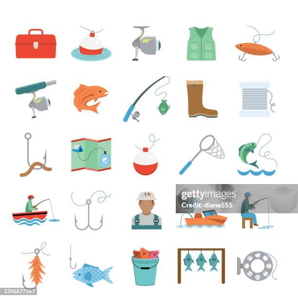 bildbanksillustrationer, clip art samt tecknat material och ikoner med cute simple flat color fishing icon set - fiskeindustri