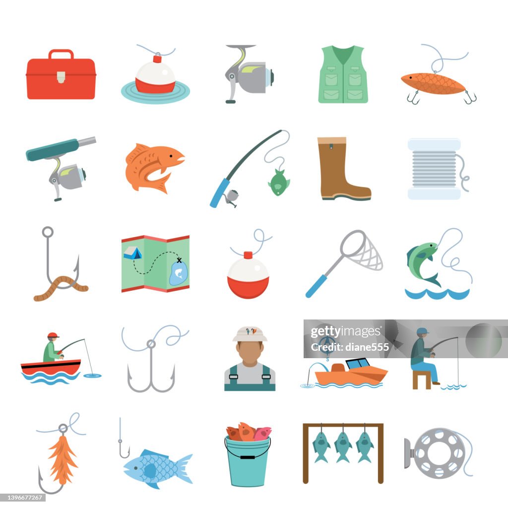 Cute Simple Flat Color Fishing Icon Set