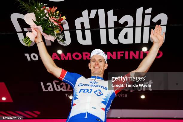 Arnaud Demare of France and Team Groupama - FDJ celebrates winning the stage on the podium ceremony after the 105th Giro d'Italia 2022, Stage 5 a...