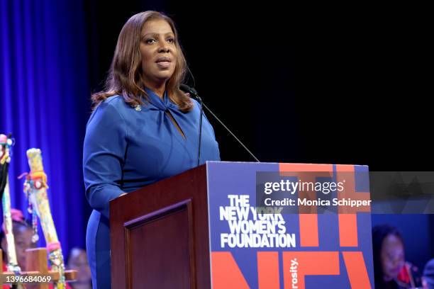 Attorney General of New York Letitia James speaks onstage during the 35th Annual Celebrating Women® Breakfast at New York Marriott Marquis Hotel on...