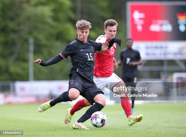 Ben Klefisch of Germany is challenged by Sofus Berger Brix of Denmark during the international friendly match between Denmark U19 and Germany U19 at...