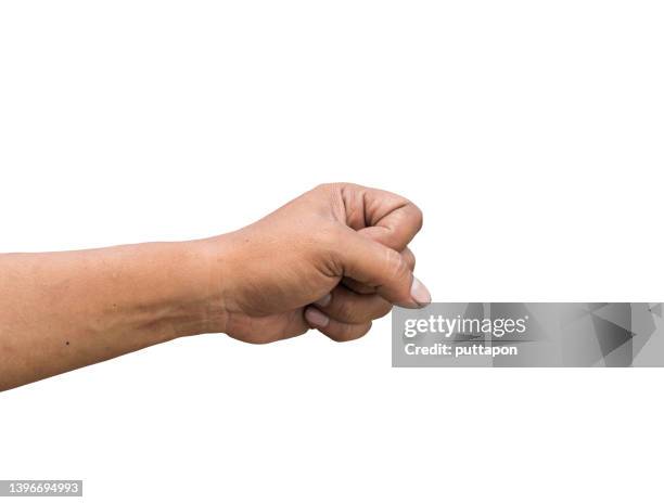 male hand hand of a close-up male worker in various poses on a white background with clipping path. - stock photo - pouce fond blanc photos et images de collection