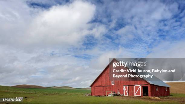 beautiful red barn under blue sky in palouse county, washington - röd lada bildbanksfoton och bilder