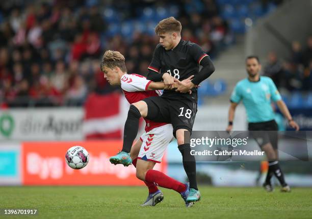 Daniel Haarbo of Denmark is challenged by Tim Rossmann of Germany during the international friendly match between Denmark U19 and Germany U19 at DS...