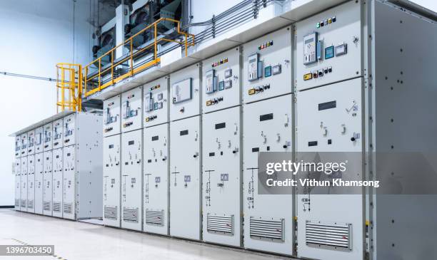 switchgear electrical energy distribution at substation room, relay protection system electrical panel, medium voltage switchgear.power plant. - schaltschrank stock-fotos und bilder