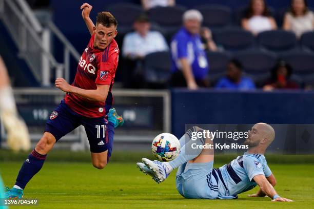 Szabolcs Schön of FC Dallas has the shot on goal knocked away by Spencer Glass of Sporting Kansas City during the first half of their match in the...