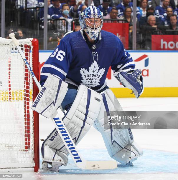 Jack Campbell of the Toronto Maple Leafs watches for a shot against the Tampa Bay Lightning during Game Five of the First Round of the 2022 Stanley...