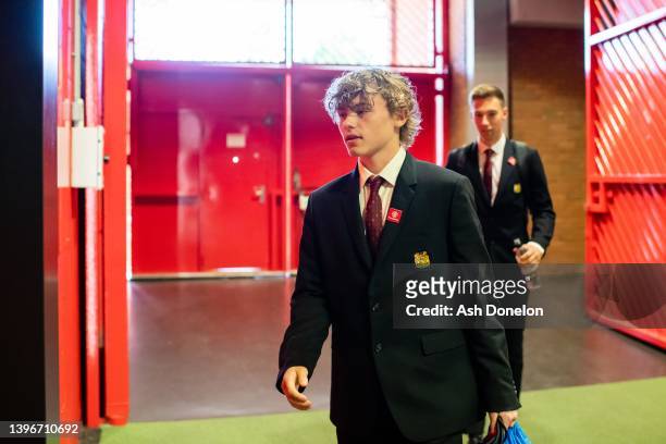 Isak Hansen-Aaroen of Manchester United U18s arrives ahead of the FA Youth Cup Final between Manchester United U18s and Nottingham Forest U18s at Old...