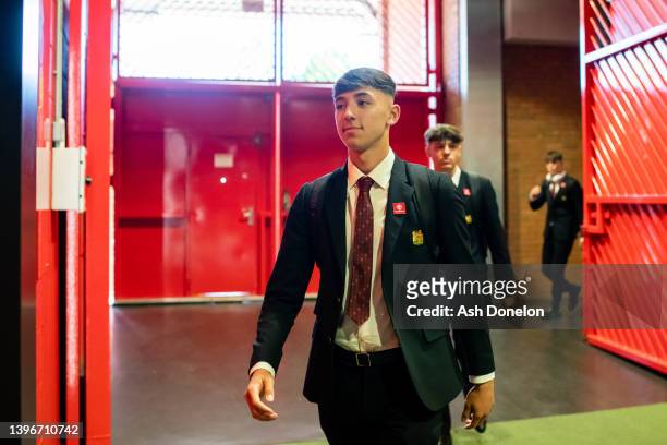 Sonny Aljofree of Manchester United U18s arrives ahead of the FA Youth Cup Final between Manchester United U18s and Nottingham Forest U18s at Old...
