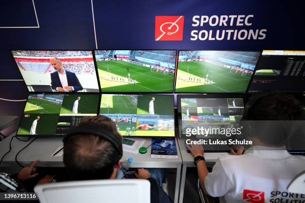 The VAR control room is seen during the Sportsinnovation 2022 at Merkur Spiel-Arena on May 11, 2022 in Duesseldorf, Germany.