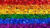 Rainbow Flag Abstract Mosaic LGBTQIA Pride Month Event Culture Triangle Kaleidoscope Pattern Stripe Geometric Texture Red Orange Yellow Green Blue Purple Glitter Sequin Crumpled Foil Pixel Refraction Paper Psychedelic Background Digitally Generated Image