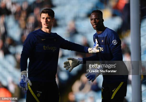 Kepa Arrizabalaga and Edouard Mendy of Chelsea warm up prior to the Premier League match between Leeds United and Chelsea at Elland Road on May 11,...