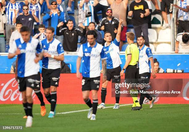 Gonzalo Escalante of Deportivo Alaves celebrates after scoring their side's second goal during the La Liga Santander match between Deportivo Alaves...