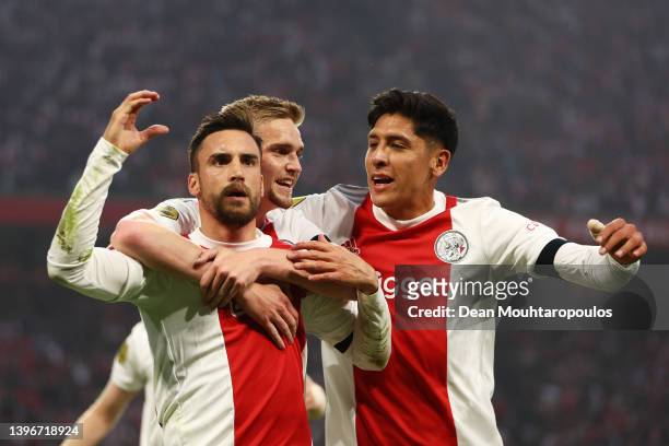 Nicolas Tagliafico of Ajax celebrates after scoring their side's first goal during the Dutch Eredivisie match between Ajax and sc Heerenveen at Johan...