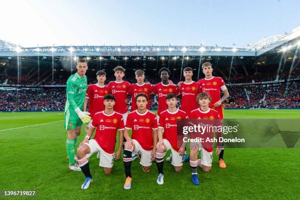 The Manchester United U18s team lines up ahead of the FA Youth Cup Final between Manchester United U18s and Nottingham Forest U18s at Old Trafford on...