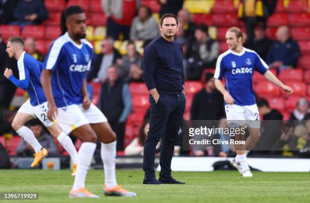 Frank Lampard, Manager of Everton looks on during the warm up prior to the Premier League match between Watford and Everton at Vicarage Road on May...
