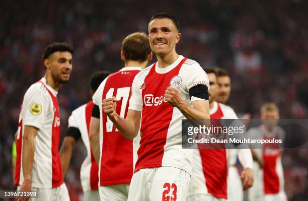 Steven Berghuis of Ajax celebrates after scoring their side's second goal during the Dutch Eredivisie match between Ajax and sc Heerenveen at Johan...