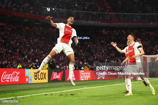 Sebastien Haller of Ajax celebrates after scoring their side's third goal during the Dutch Eredivisie match between Ajax and sc Heerenveen at Johan...