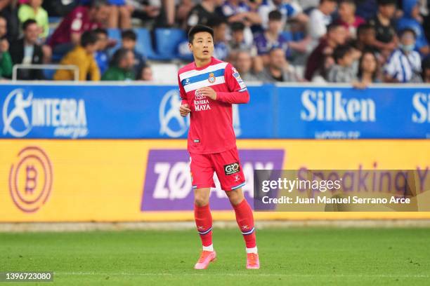 Wu Lei of Espanyol looks on during the La Liga Santander match between Deportivo Alaves and RCD Espanyol at Estadio de Mendizorroza on May 11, 2022...