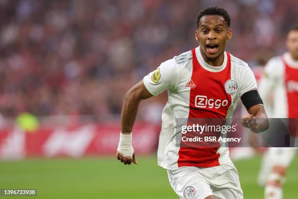 Jurrien Timber of Ajax during the Dutch Eredivisie match between Ajax and SC Heerenveen at Johan Cruijff Arena on May 11, 2022 in Amsterdam,...