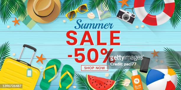 summer sale banner on the wood background with beach summer accessories - summer of 77 stock illustrations