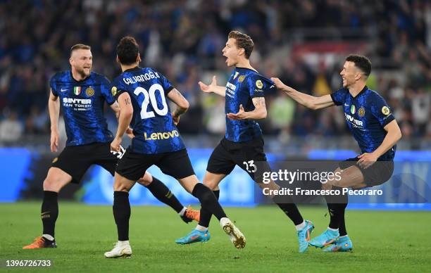 Nicolo Barella of FC Internazionale celebrates after scoring their side's first goal during the Coppa Italia Final match between Juventus and FC...