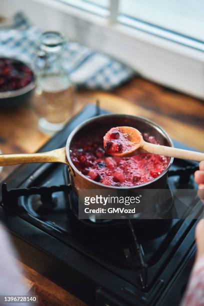 cooking cranberries in domestic kitchen - cranberry sauce 個照片及圖片檔