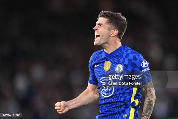 Christian Pulisic of Chelsea celebrates after scoring their side's second goal during the Premier League match between Leeds United and Chelsea at...