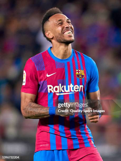 Pierre-Emerick Aubameyang of FC Barcelona celebrates after scoring his team's third goal during the La Liga Santander match between FC Barcelona and...