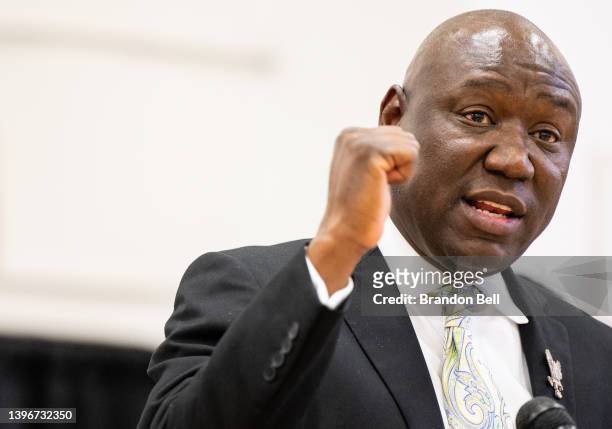 Attorney Ben Crump speaks alongside family members of Jalen Ja'Von Randle during a news conference on May 11, 2022 in Houston, Texas. The news...