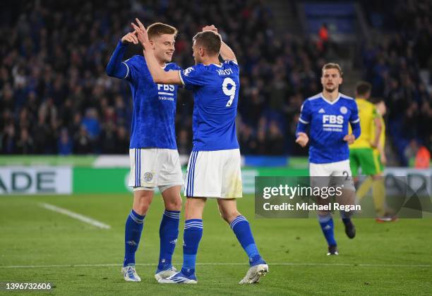 Jamie Vardy of Leicester City celebrates with teammate Harvey Barnes after scoring their side's second goal during the Premier League match between...