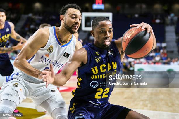 Isaiah Taylor, of UCAM Murcia in action during the Liga Endesa match between Real Madrid and UCAM Murcia at Wizink Center on May 11, 2022 in Madrid,...