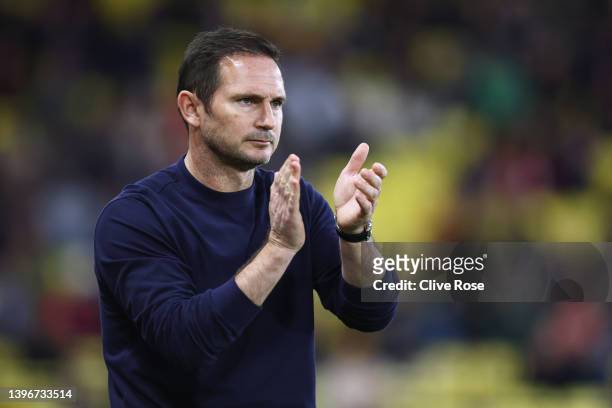 Frank Lampard, Manager of Everton applauds during the Premier League match between Watford and Everton at Vicarage Road on May 11, 2022 in Watford,...