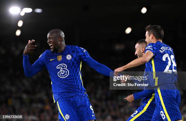 Romelu Lukaku of Chelsea celebrates after scoring their side's third goal with Hakim Ziyech during the Premier League match between Leeds United and...