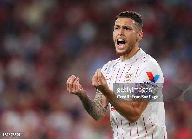 Lucas Ocampos of Sevilla reacts during the La Liga Santander match between Sevilla FC and RCD Mallorca at Estadio Ramon Sanchez Pizjuan on May 11,...