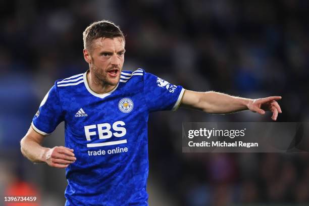 Jamie Vardy of Leicester City reacts during the Premier League match between Leicester City and Norwich City at The King Power Stadium on May 11,...