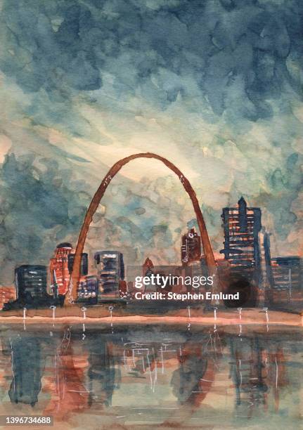 st. louis skyline bei sonnenuntergang - original aquarell - views of the gateway arch stock-grafiken, -clipart, -cartoons und -symbole