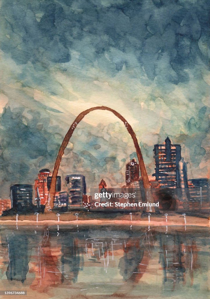 St. Louis Skyline at Sunset - Original Watercolor Painting