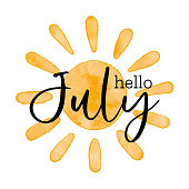 Hello July - Watercolor textured simple vector sun icon. Vector illustration, greeting card for beginning of summer, welcoming poster design.