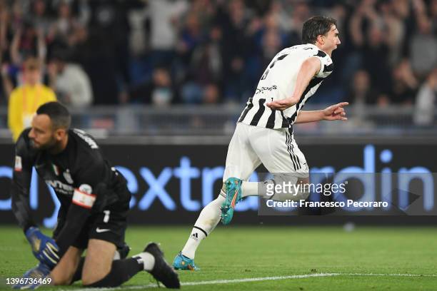 Dusan Vlahovic of Juventus celebrates after scoring their side's second goal during the Coppa Italia Final match between Juventus and FC...