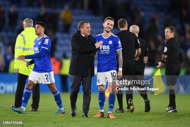 Brendan Rogers, Manager of Leicester City celebrates with James Maddison of Leicester City after victory in the Premier League match between...