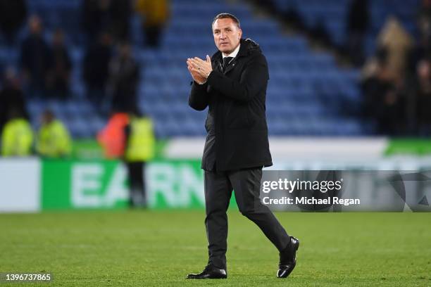 Brendan Rogers, Manager of Leicester City applauds the fans following victory in the Premier League match between Leicester City and Norwich City at...