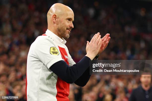 Erik ten Hag, Head Coach of Ajax applauds after the Dutch Eredivisie match between Ajax and sc Heerenveen at Johan Cruijff Arena on May 11, 2022 in...