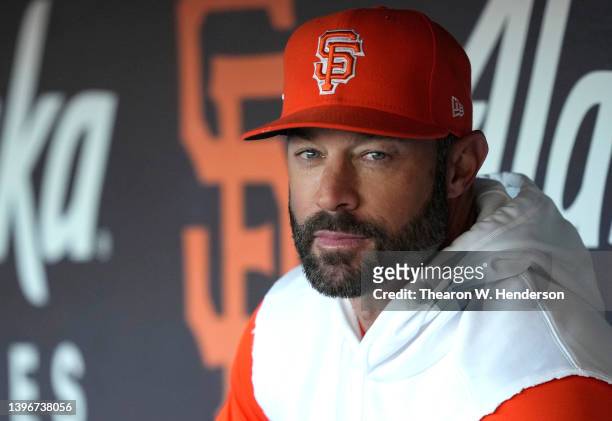 Manager Gabe Kapler of the San Francisco Giants looks on from the dugout prior to the start of the game against the Colorado Rockies at Oracle Park...