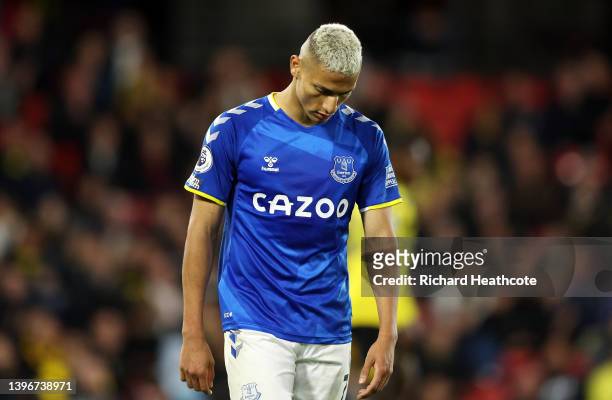 Richarlison of Everton reacts following the Premier League match between Watford and Everton at Vicarage Road on May 11, 2022 in Watford, England.