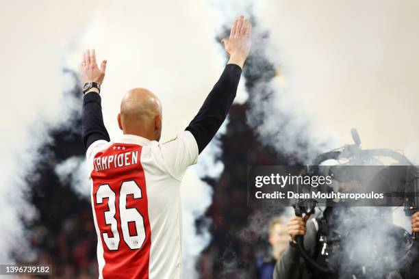 Erik ten Hag, Head Coach of Ajax acknowledges the fans after the Dutch Eredivisie match between Ajax and sc Heerenveen at Johan Cruijff Arena on May...