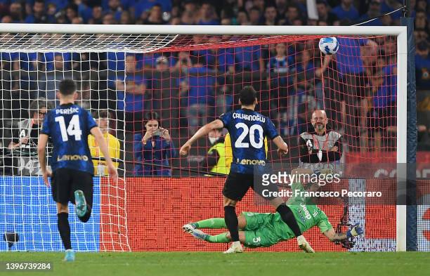 Hakan Calhanoglu of FC Internazionale scores their side's second goal from the penalty spot during the Coppa Italia Final match between Juventus and...