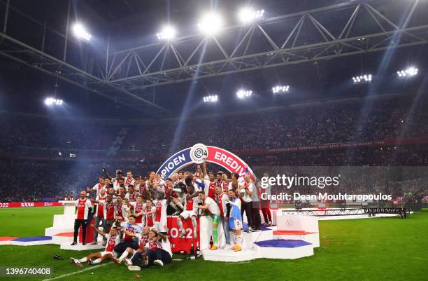 Dusan Tadic of Ajax and team mates celebrate with the Dutch Eredivisie Plate following victory in the Dutch Eredivisie match between Ajax and sc...
