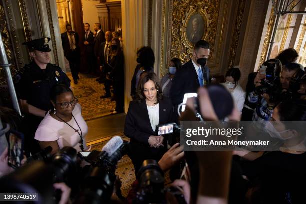 Vice President Kamala Harris speaks to reporters outside the Senate Chambers in the U.S. Capitol on May 11, 2022 in Washington, DC. The U.S. Senate...