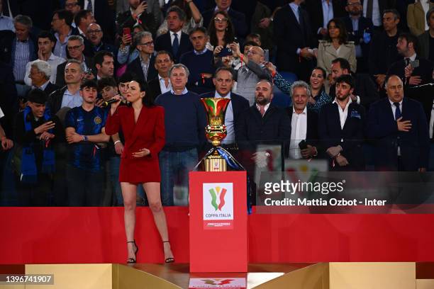 The italian singer Arisa performs the italian national anthem "Inno di Mameli" prior to the coppa Italia Final match between Juventus and FC...